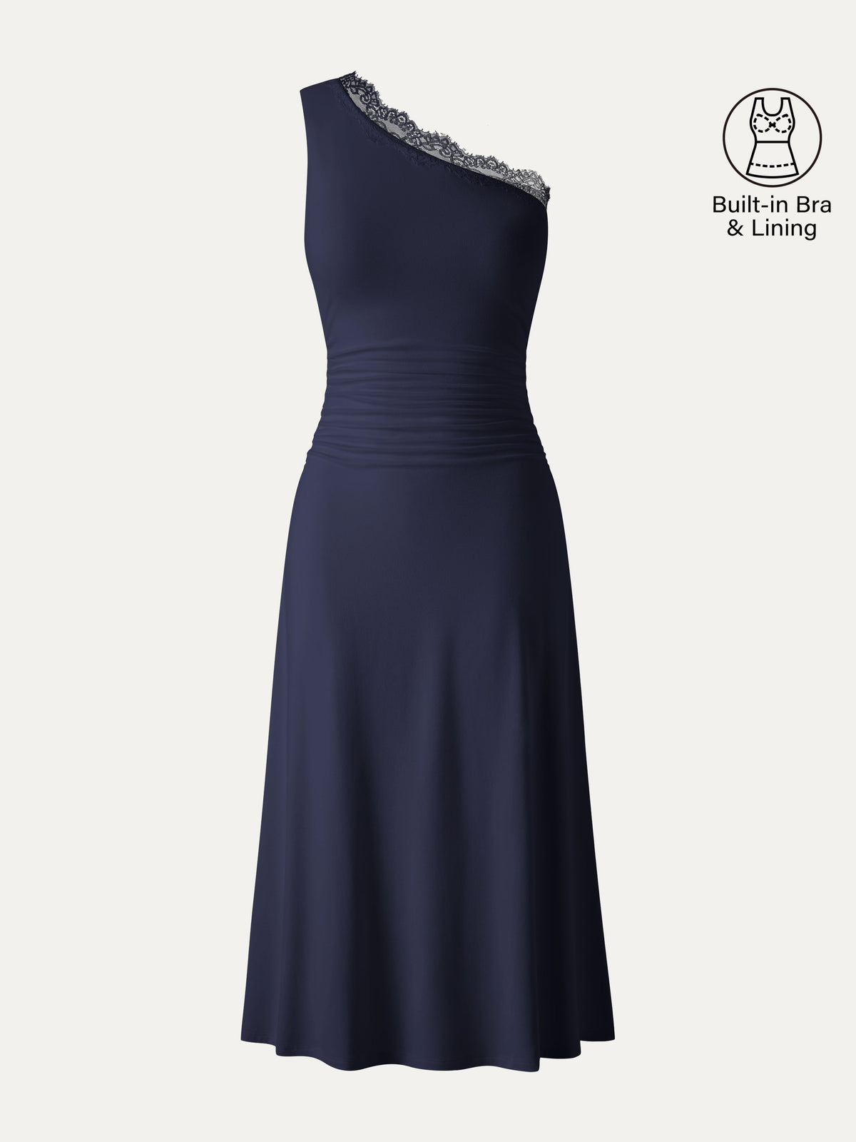 Vestido brami midi de un hombro con fruncido y ribete de encaje