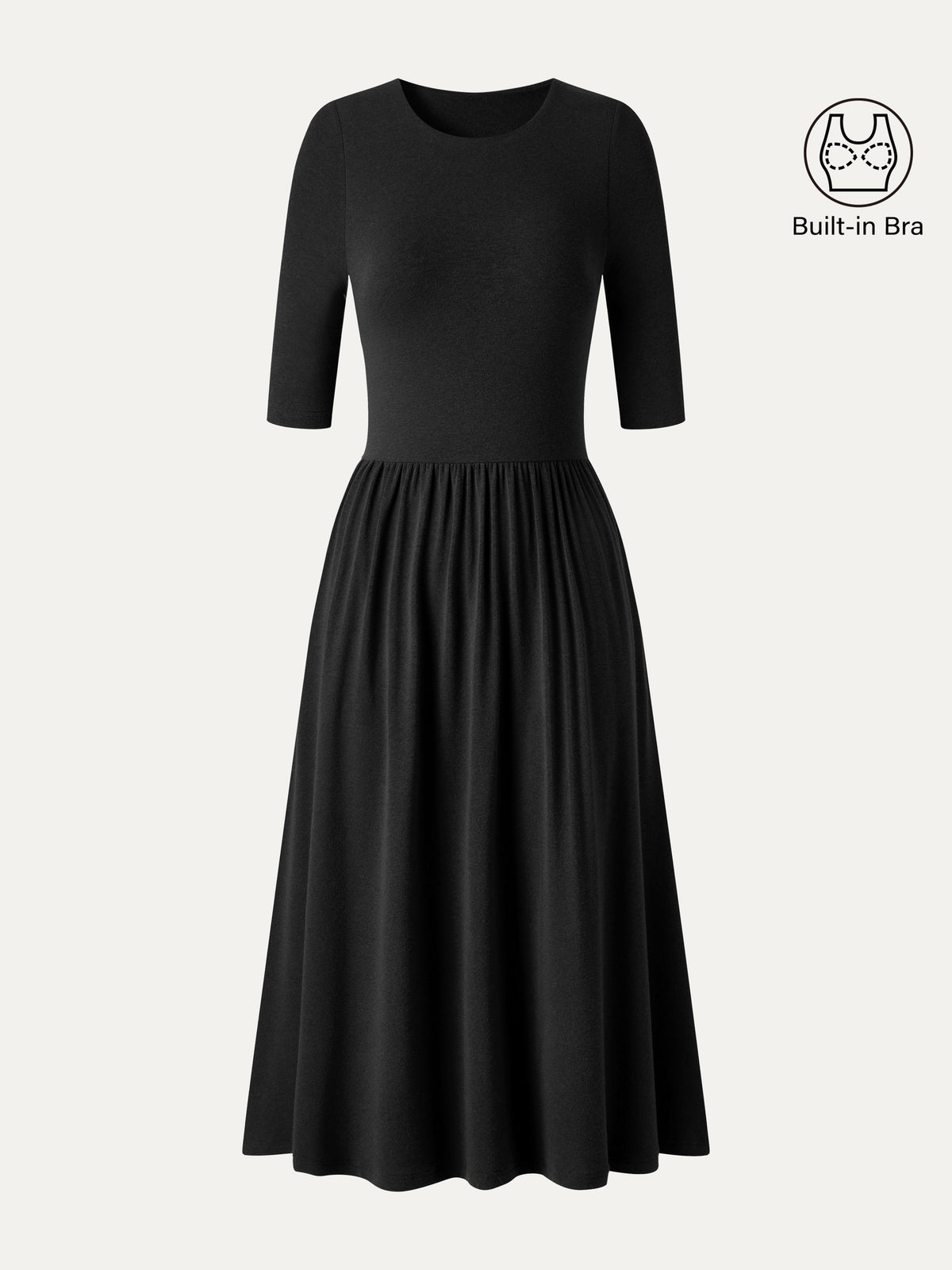 Vestido brami midi evasé de cuello redondo con mangas a los codos y bolsillos