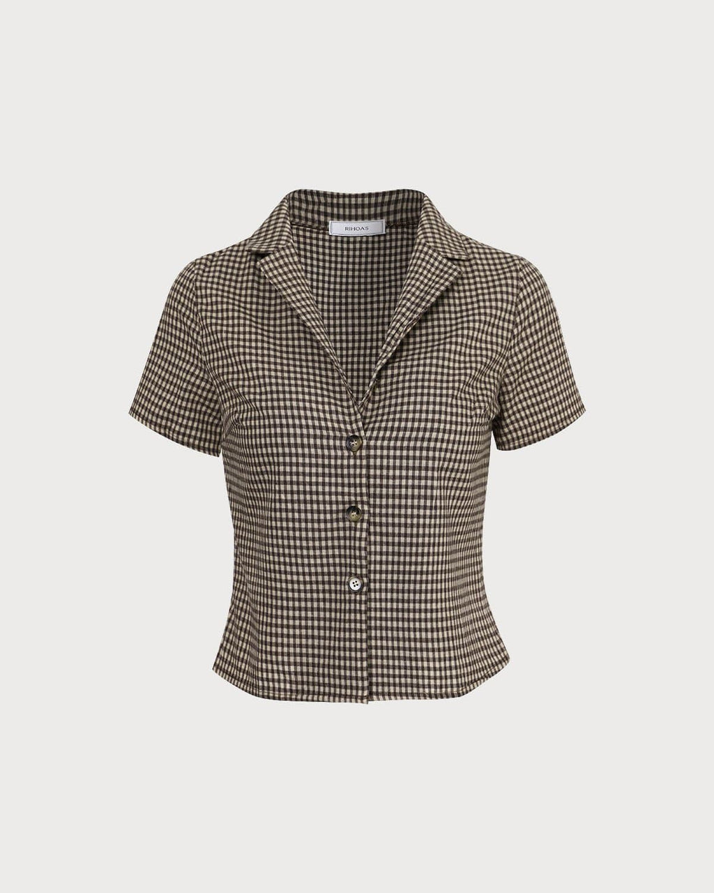 Blusa marrón de manga corta con solapas de cuadros gingham