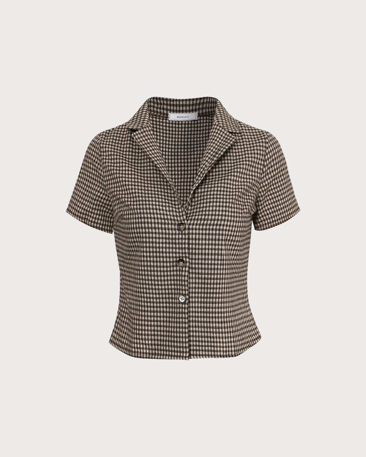Blusa marrón de manga corta con solapas de cuadros gingham