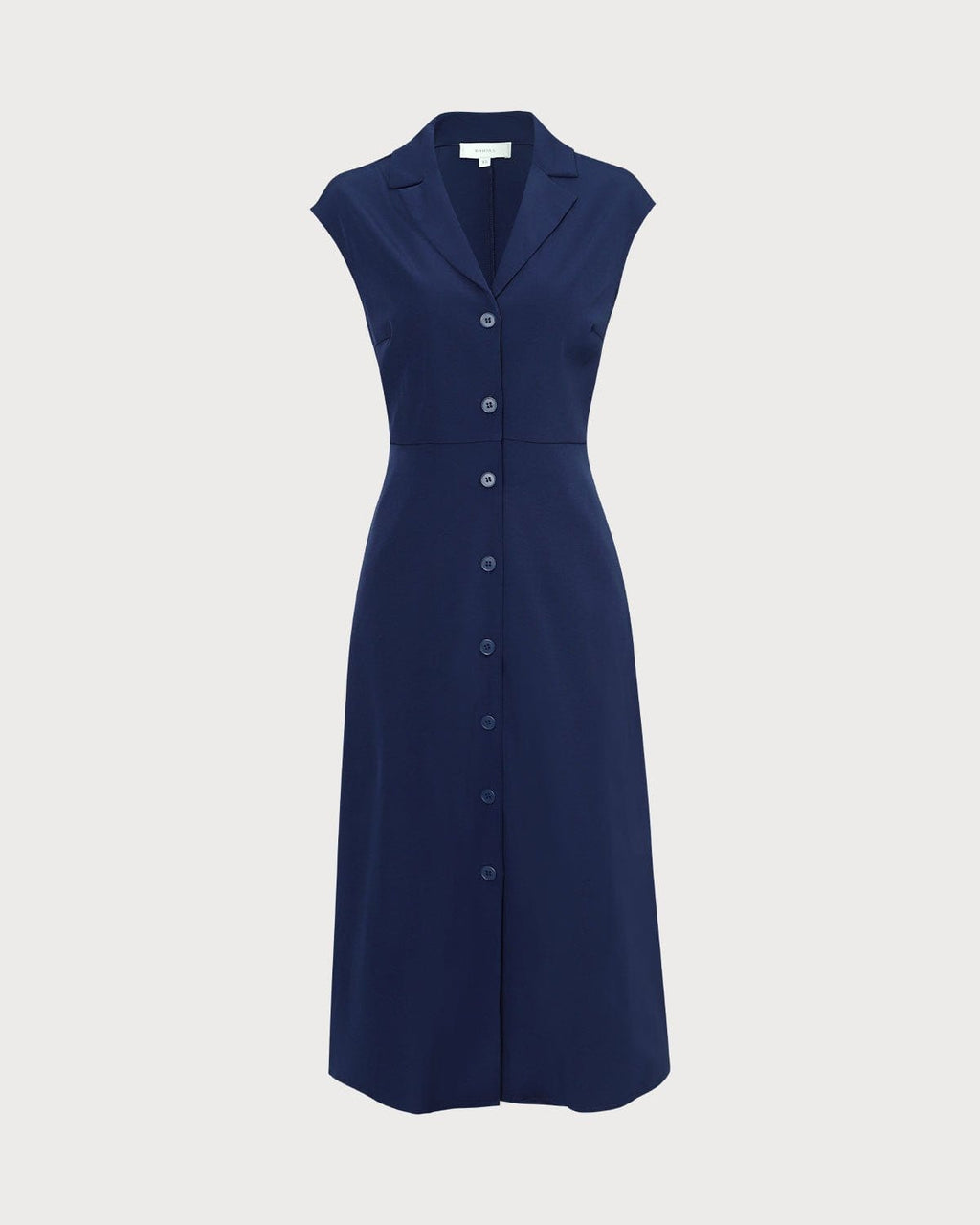 Vestido midi azul marino con escote en V, botones y manga tipo cap