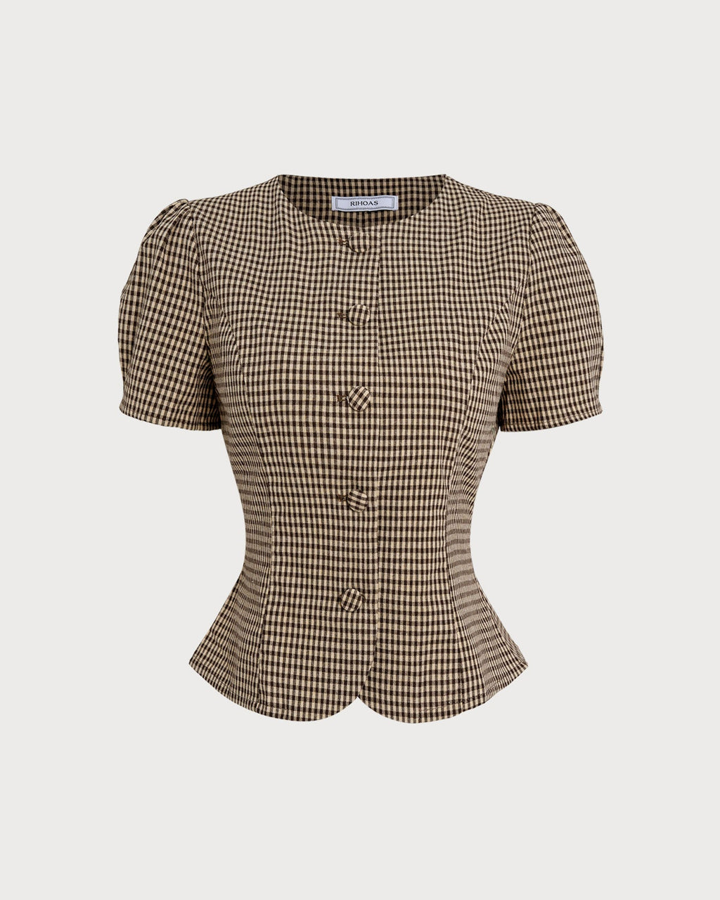 Blusa de cuadros marrones con mangas abullonadas