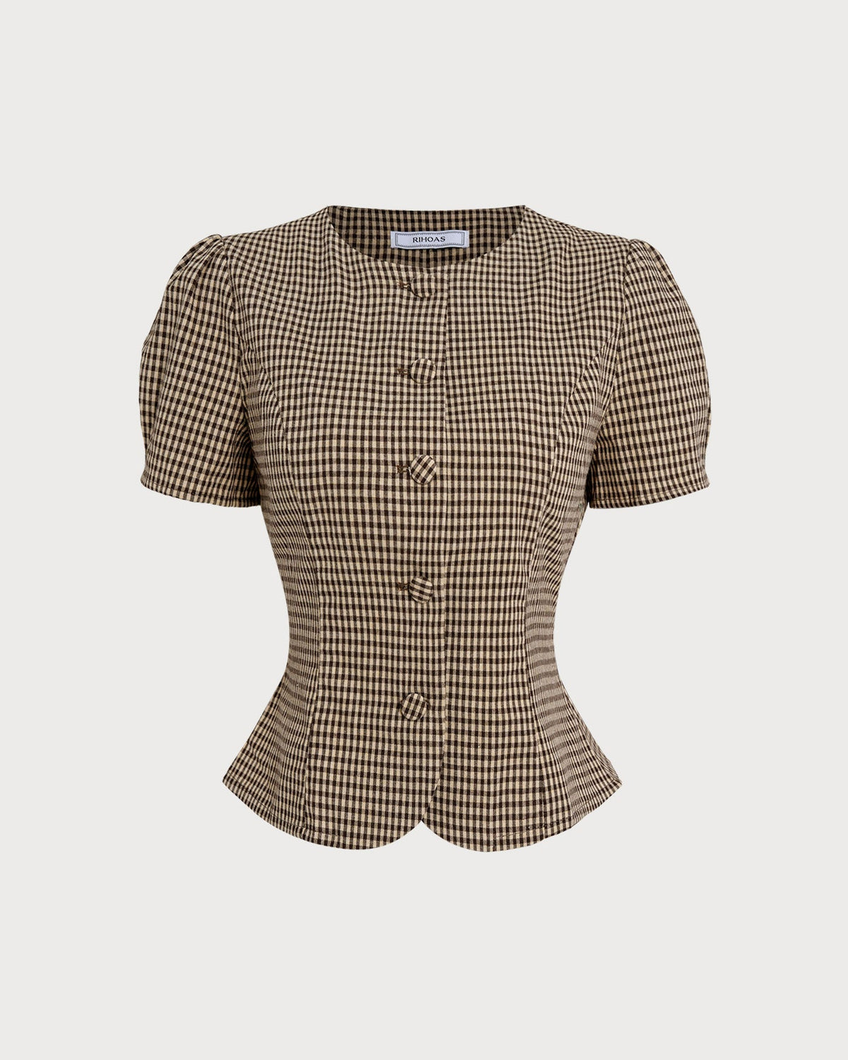 Blusa de cuadros marrones con mangas abullonadas