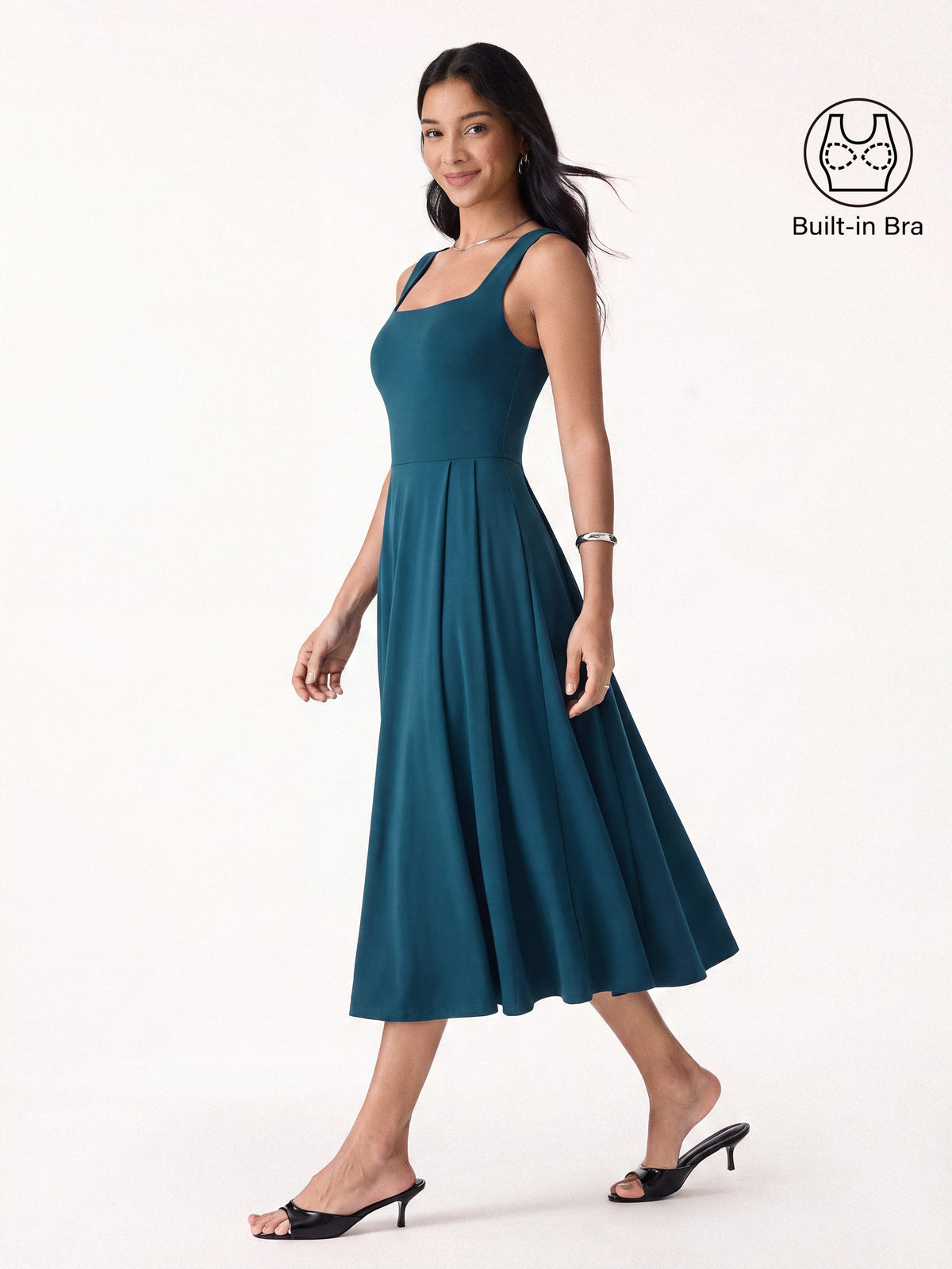 Vestido brami midi de cuello cuadrado con bolsillos