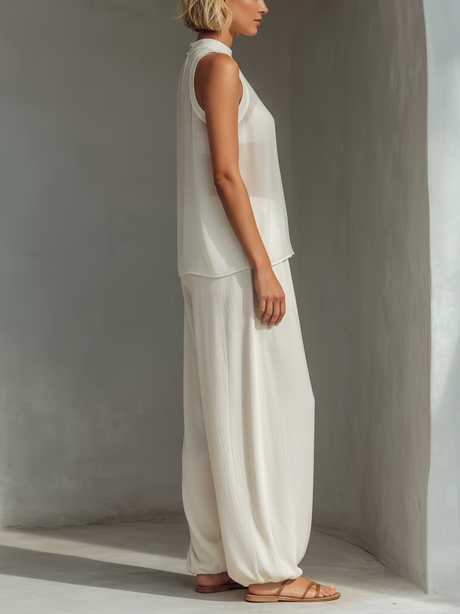Pantalón ancho crema de tencel con cordón