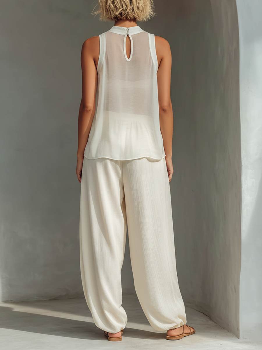 Pantalón ancho crema de tencel con cordón