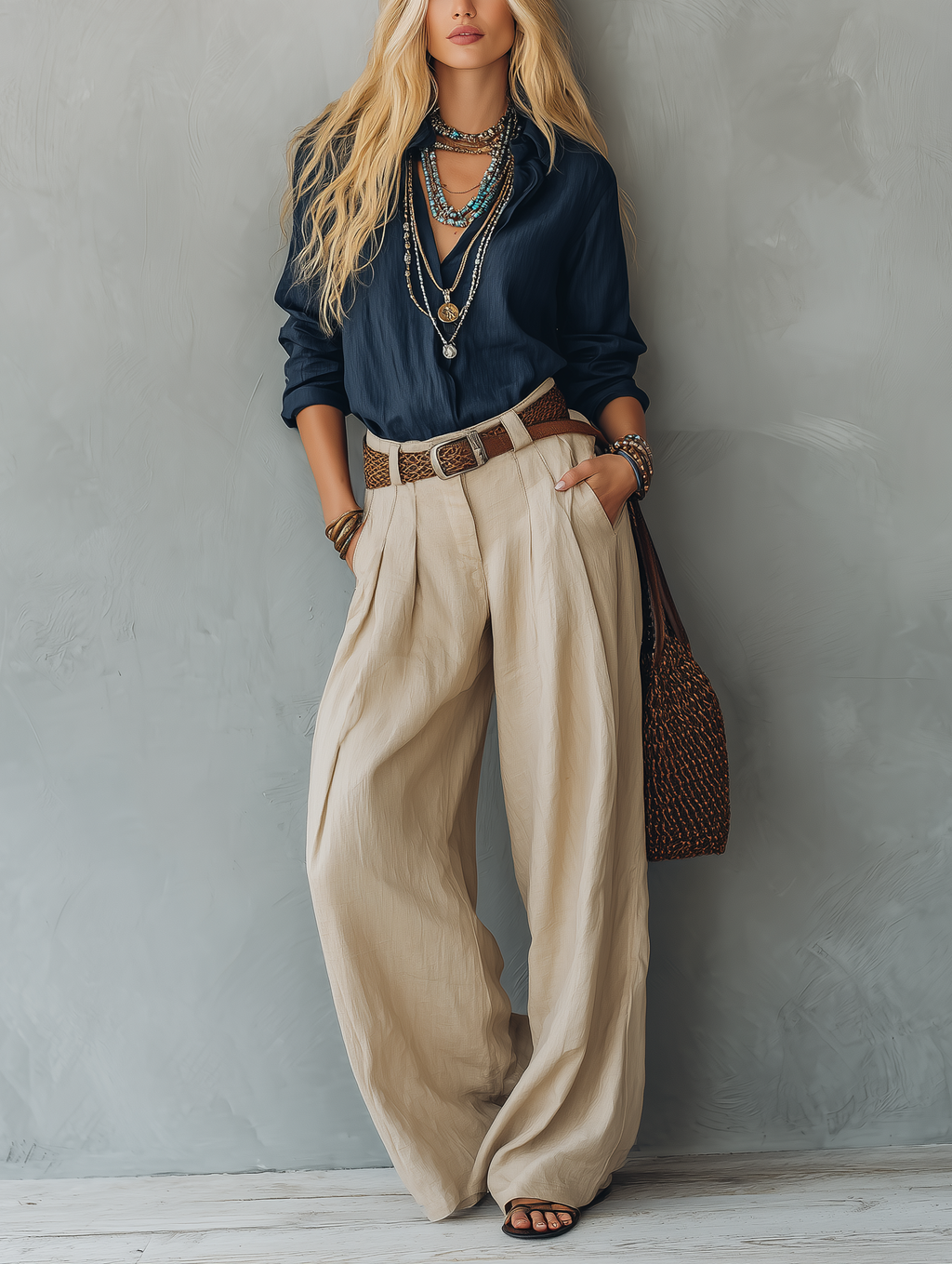 Pantalón caqui de algodón y lino casual