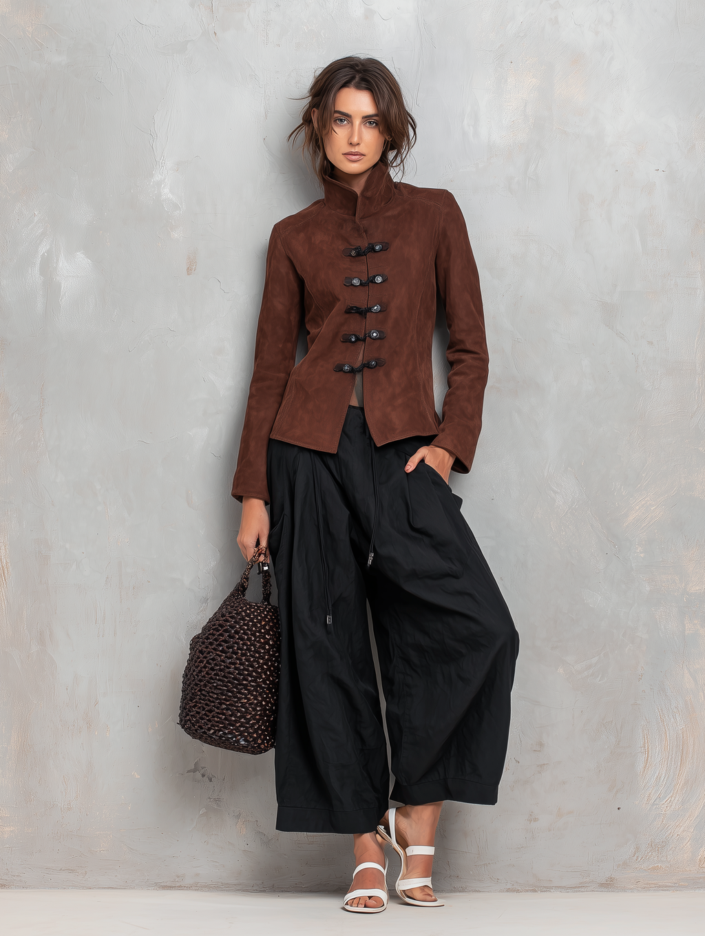 Pantalón negro tramado cropped casual