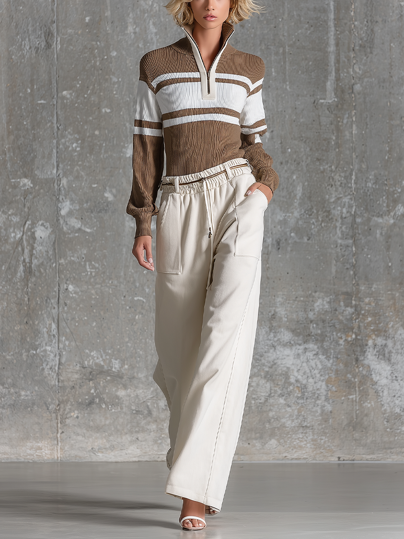 Pantalón ancho beige con cordón ajustable