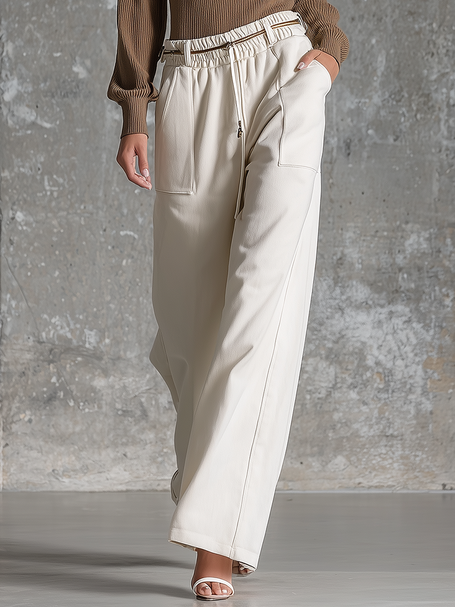 Pantalón ancho beige con cordón ajustable