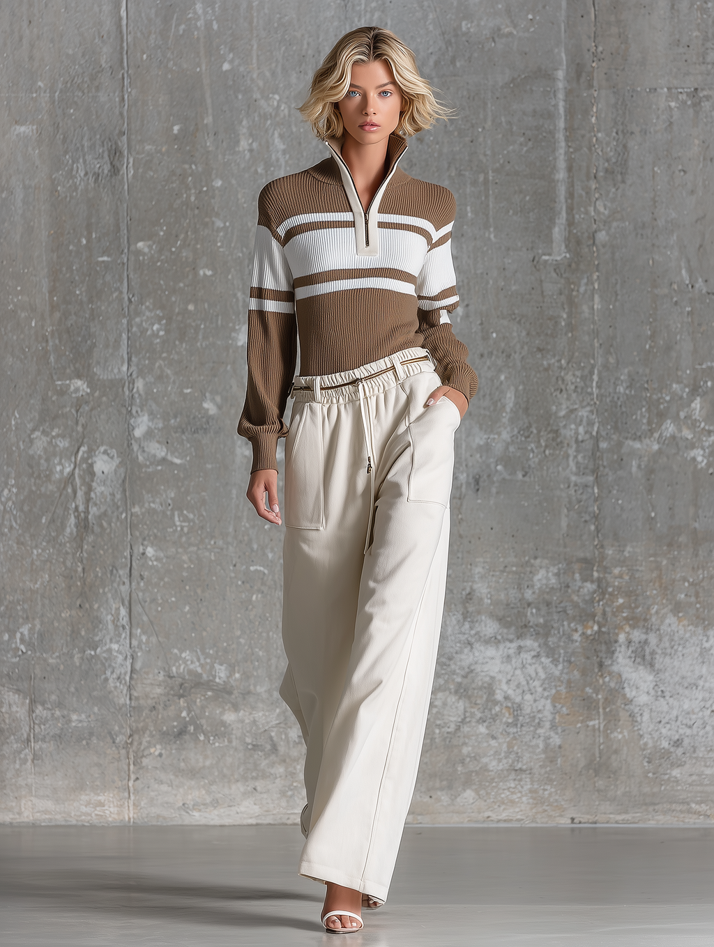 Pantalón ancho beige con cordón ajustable