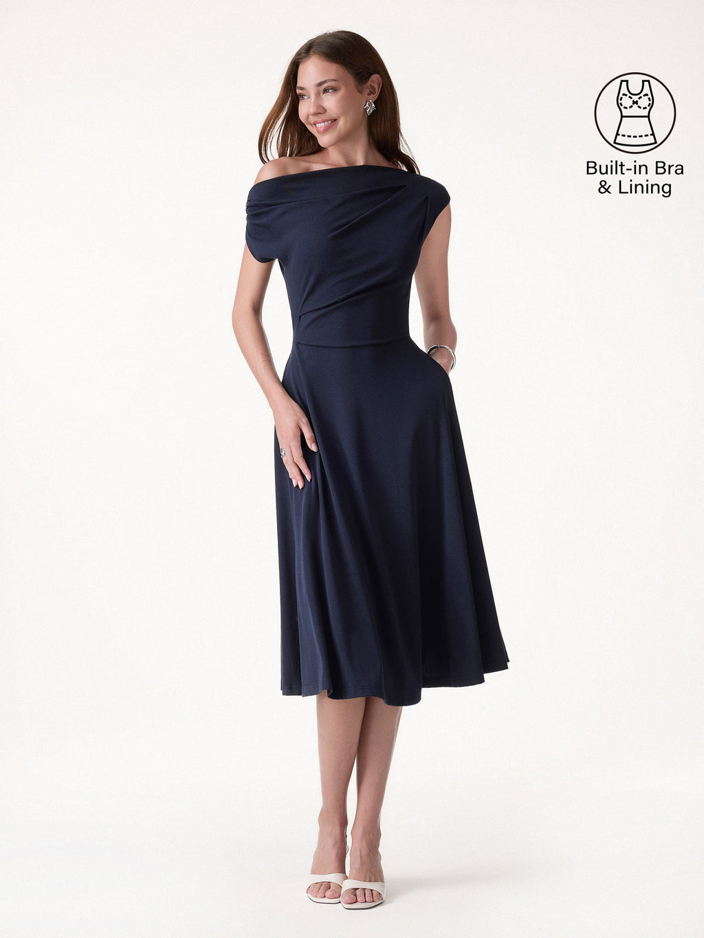 Vestido brami midi de hombro asimétrico con bolsillos