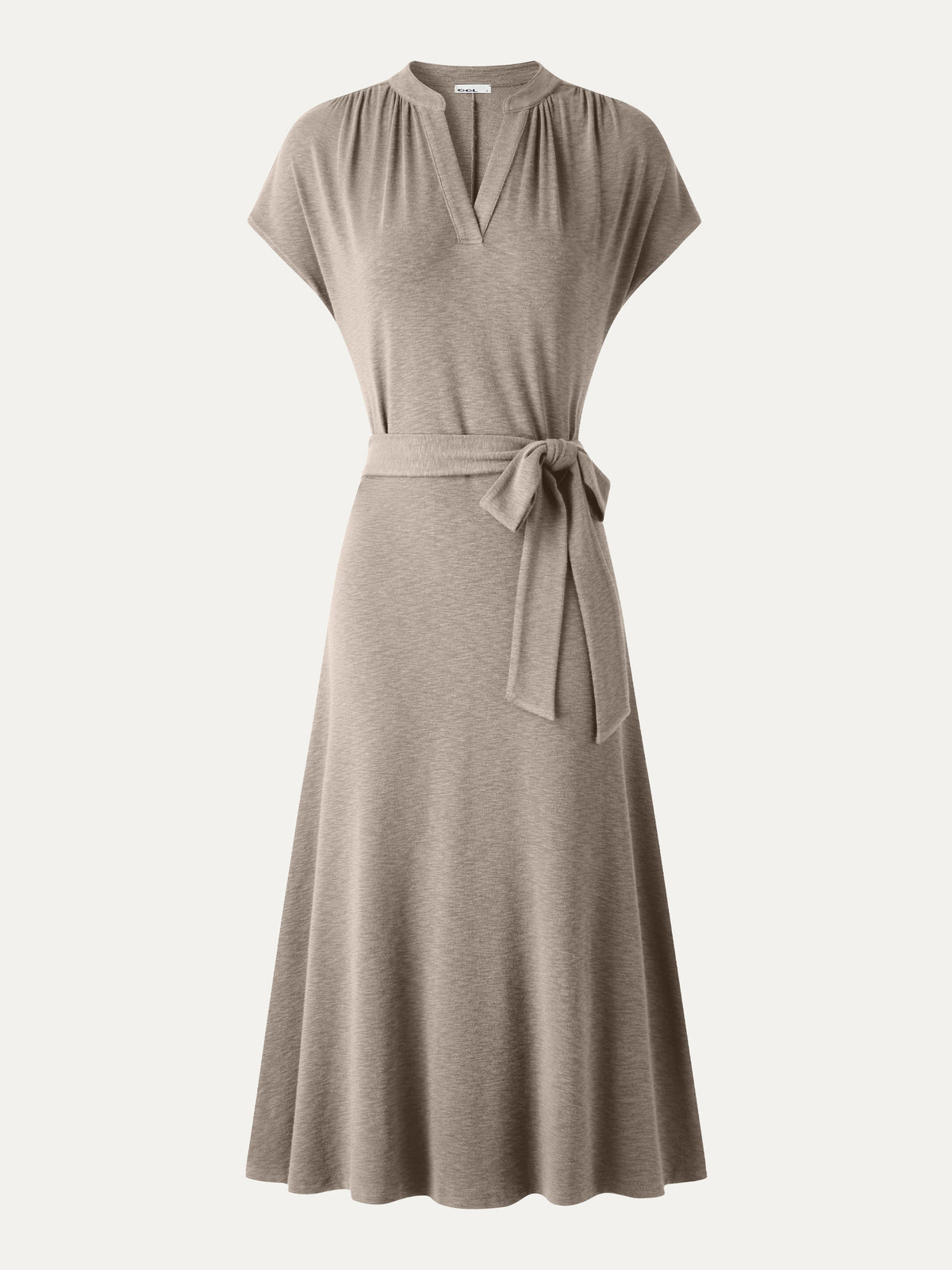 Vestido midi de cuello en V con manga corta y cinturón