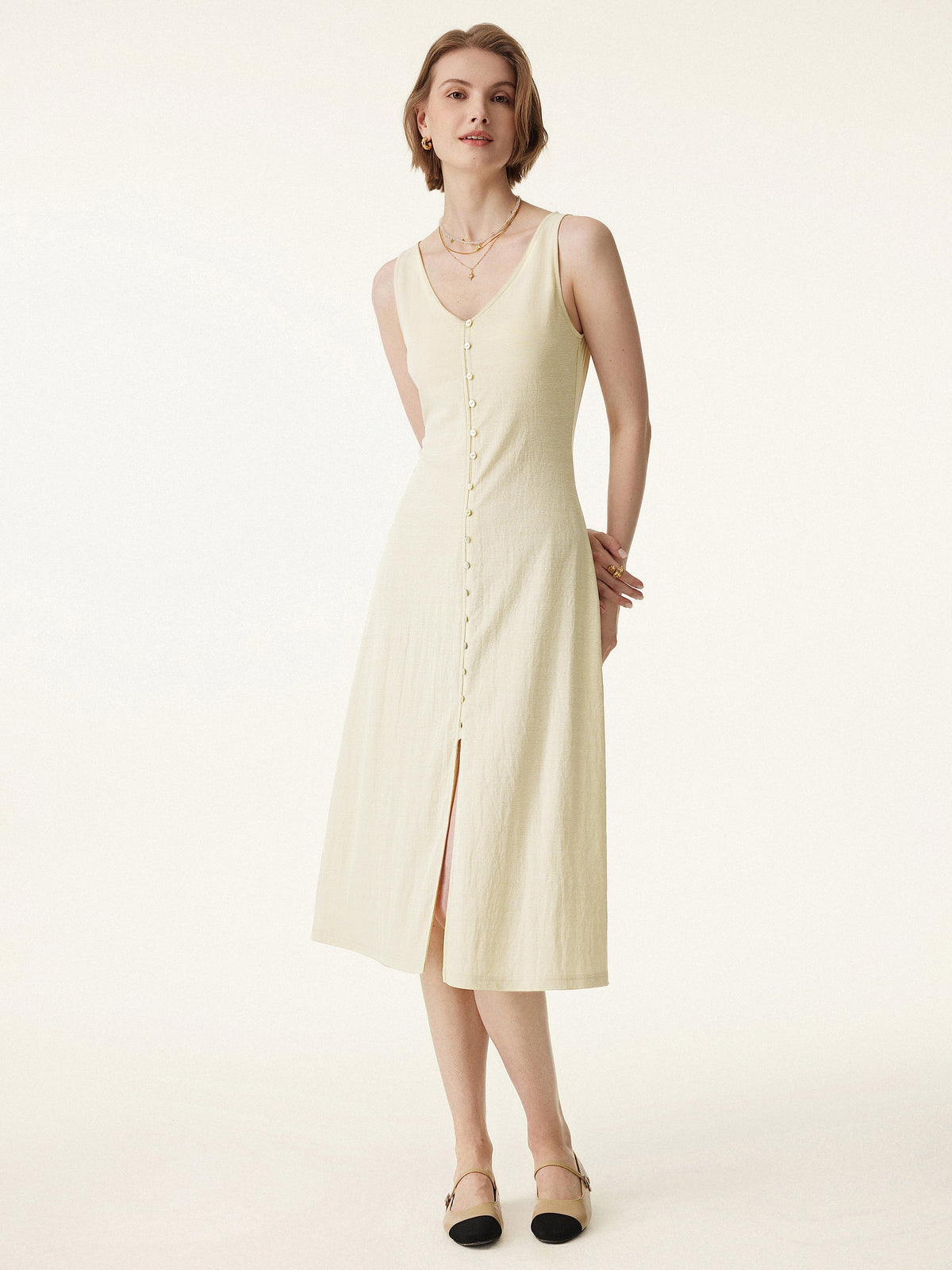 Vestido midi chaleco de cuello en V con botones, multiusos