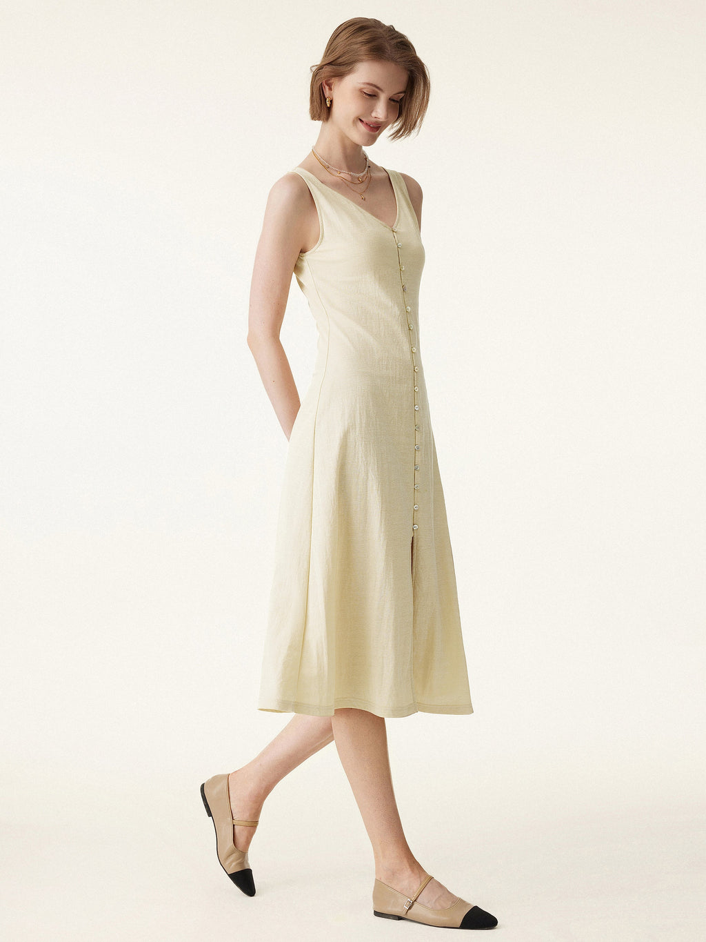 Vestido midi chaleco de cuello en V con botones, multiusos