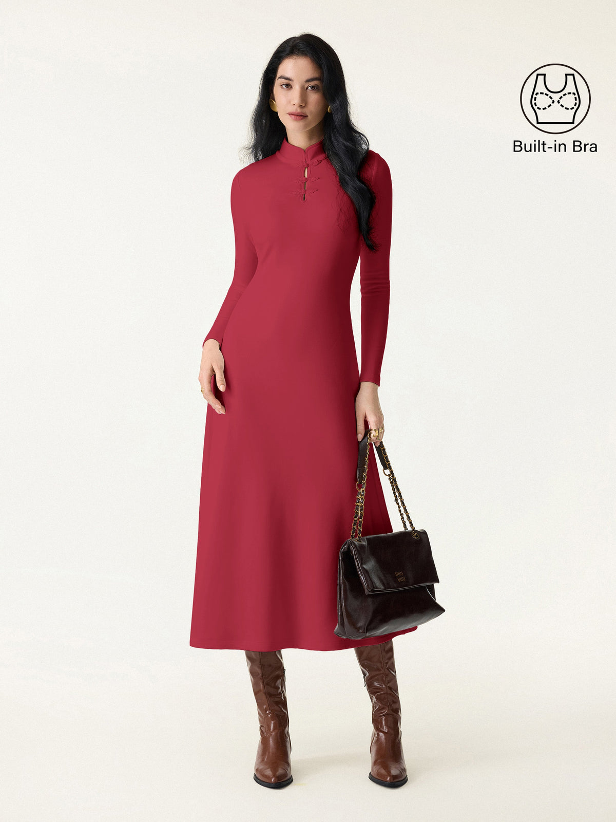 Vestido brami midi de cuello mao con botones de bola, edición limitada