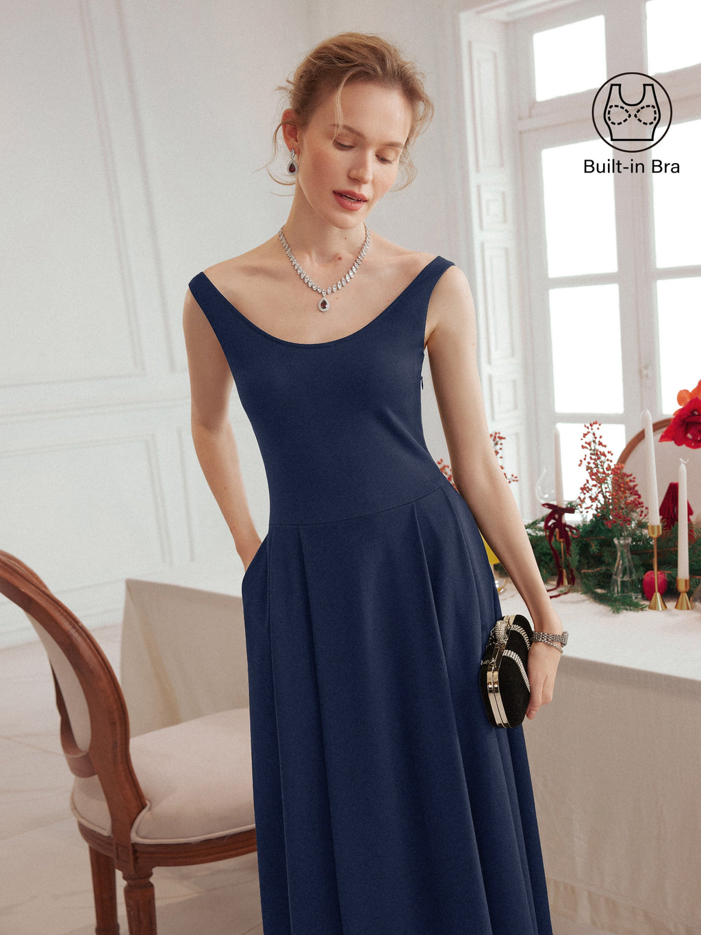 Vestido brami midi de cuello barco con bolsillos