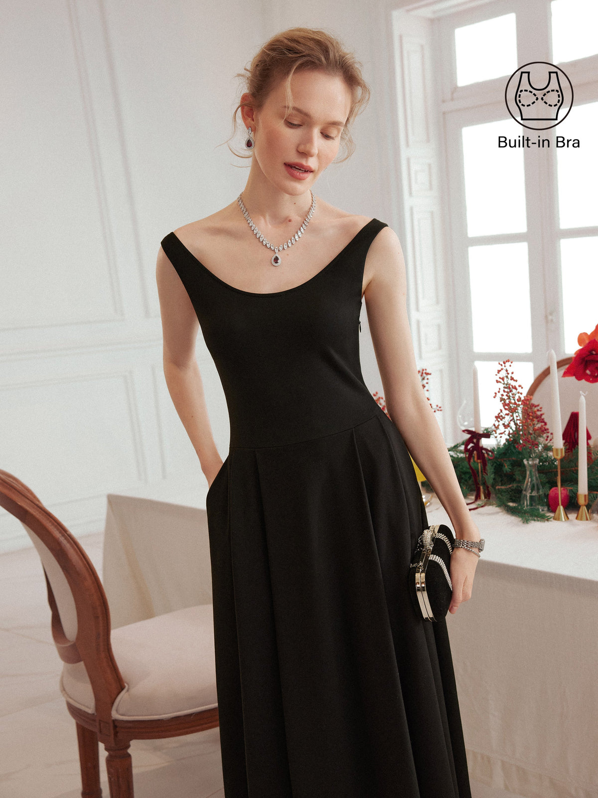 Vestido brami midi de cuello barco con bolsillos