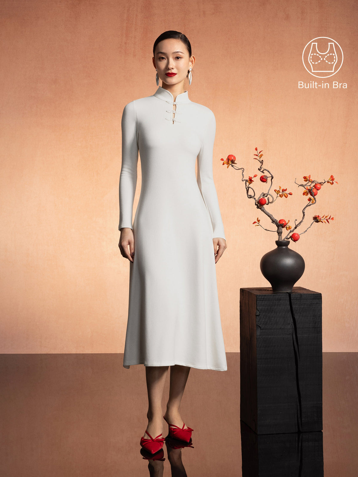 Vestido brami midi de cuello mao con botones de bola, edición limitada