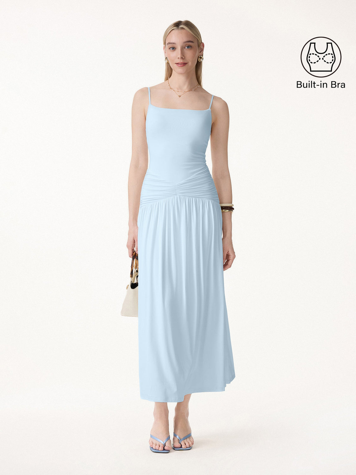 Vestido brami maxi fruncido de tirantes finos, no transparente