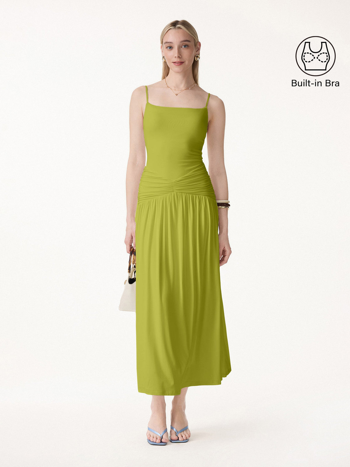 Vestido brami maxi fruncido de tirantes finos, no transparente