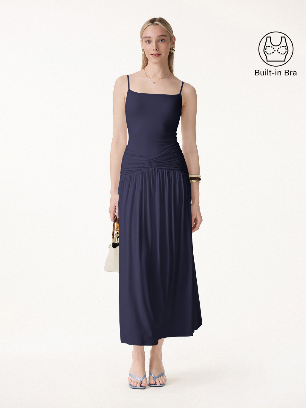 Vestido brami maxi fruncido de tirantes finos, no transparente