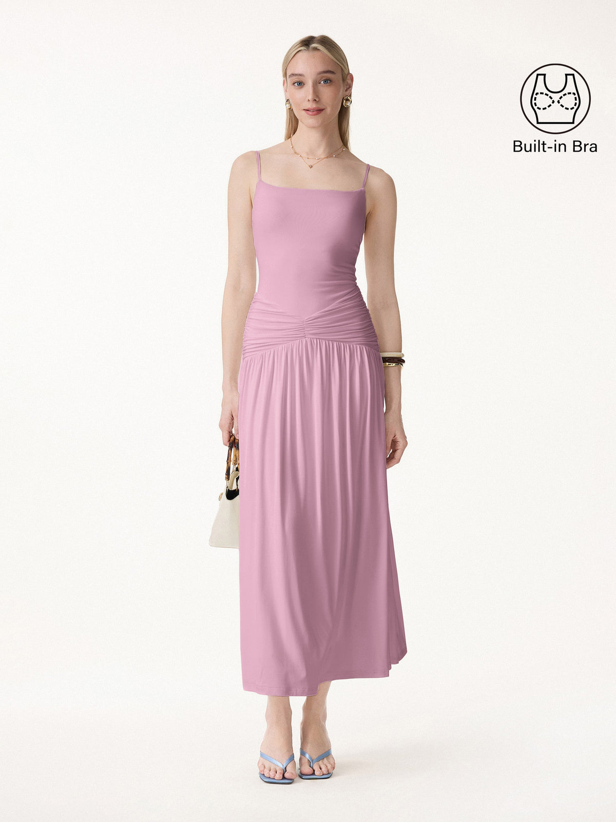 Vestido brami maxi fruncido de tirantes finos, no transparente