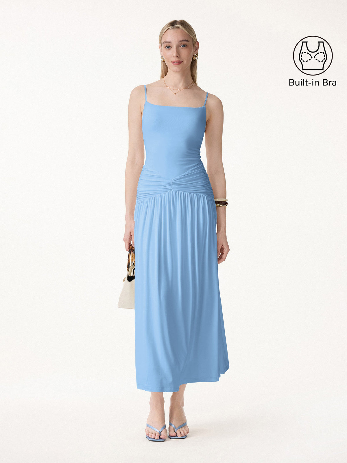 Vestido brami maxi fruncido de tirantes finos, no transparente