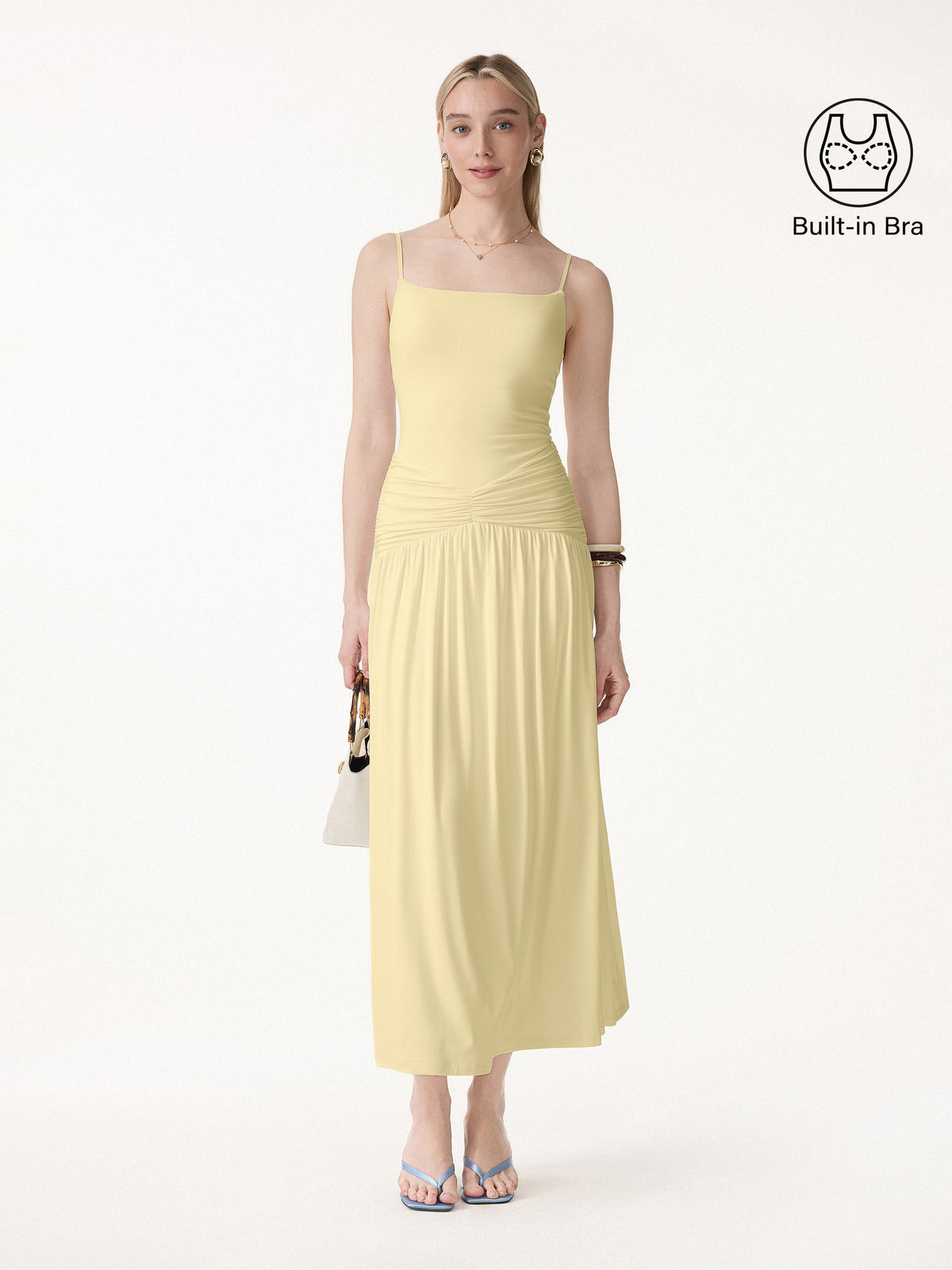 Vestido brami maxi fruncido de tirantes finos, no transparente