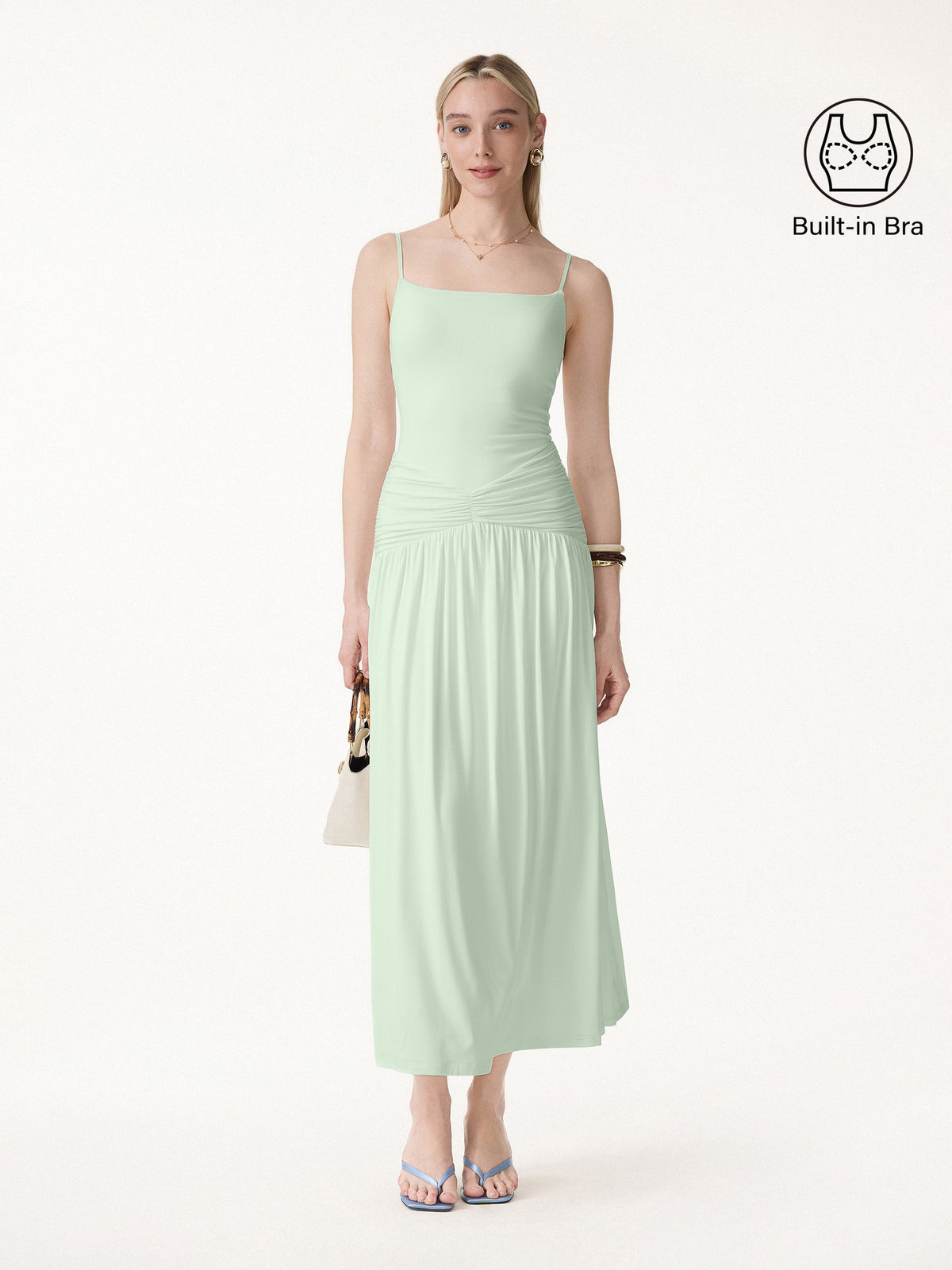 Vestido brami maxi fruncido de tirantes finos, no transparente