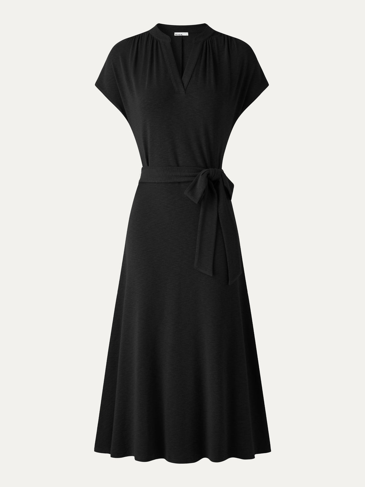 Vestido midi de cuello en V con manga corta y cinturón