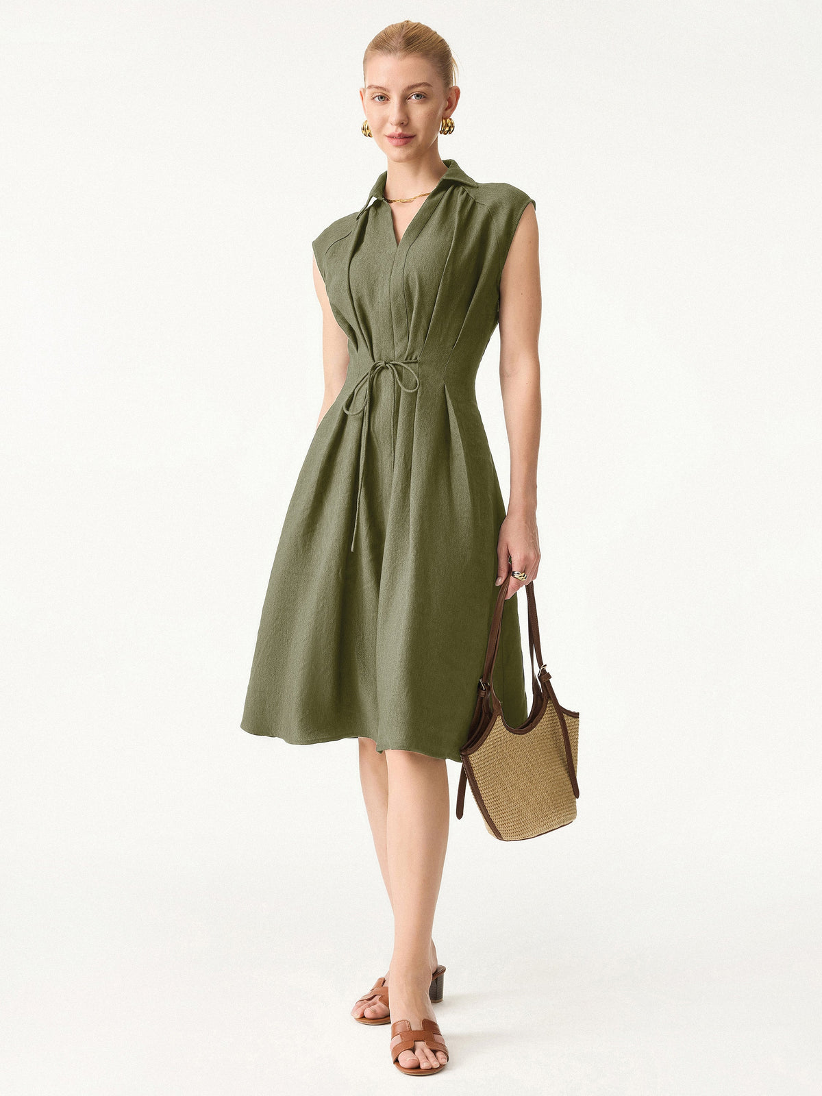 Vestido midi de viscosa y lino con cuello en V y cordón