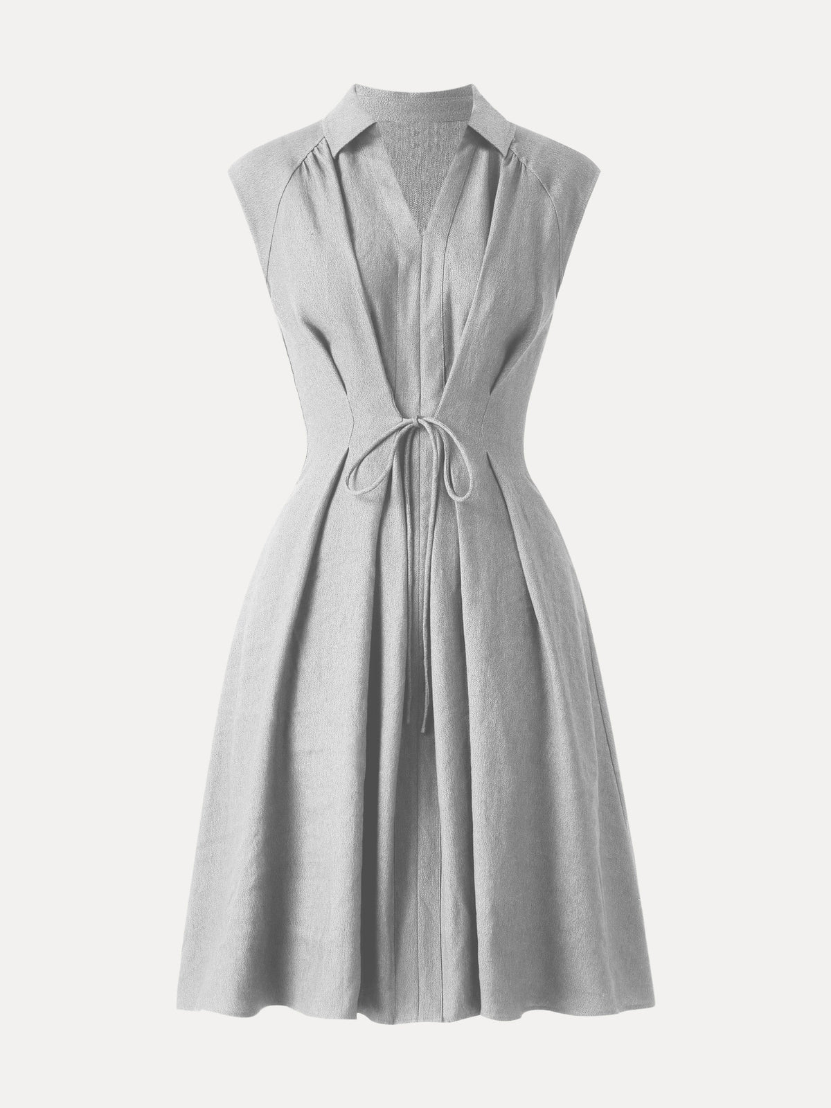 Vestido midi de viscosa y lino con cuello en V y cordón