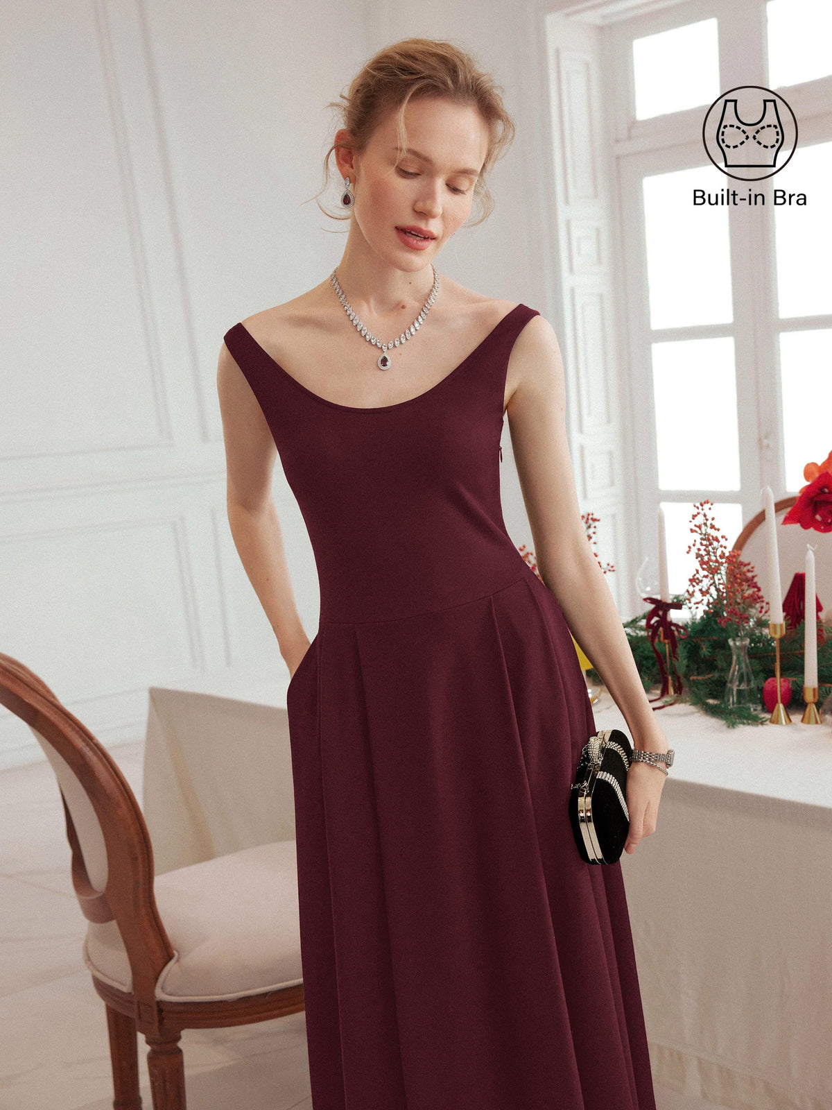 Vestido brami midi de cuello barco con bolsillos