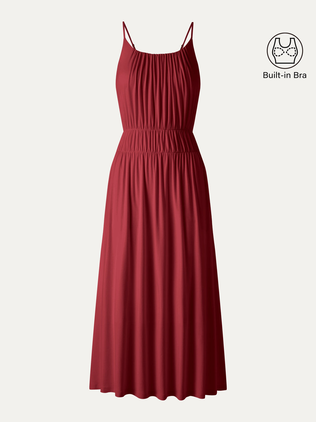 Vestido brami midi de cuello en U fruncido con tirantes finos y bolsillos