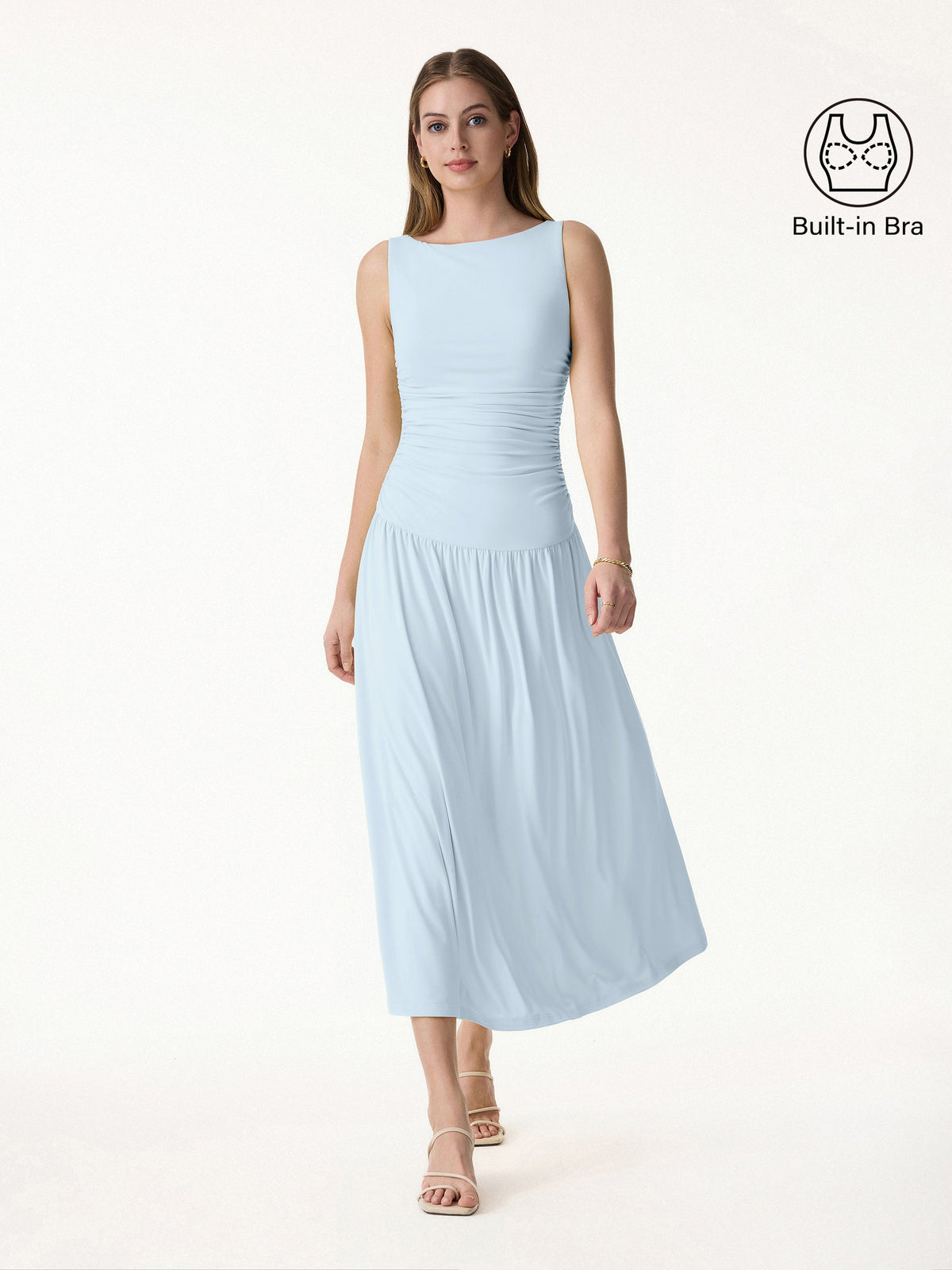 Vestido brami midi de cuello barco fruncido