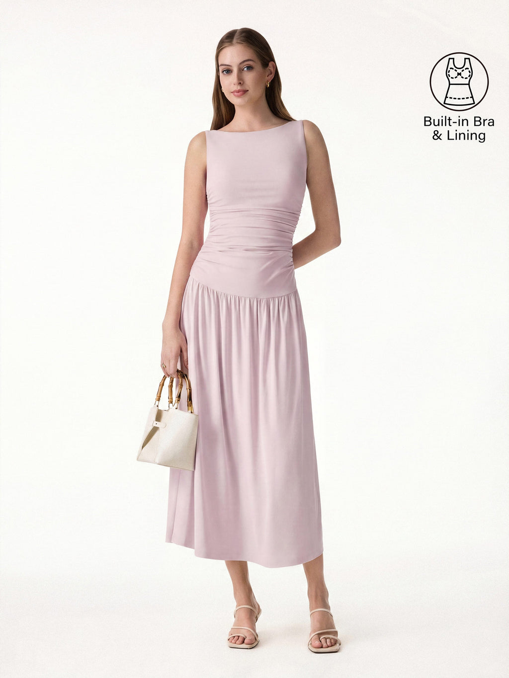 Vestido brami midi de cuello barco fruncido