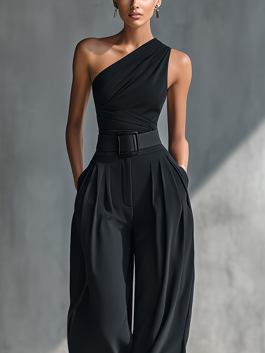 Pantalón negro ancho con drapeado