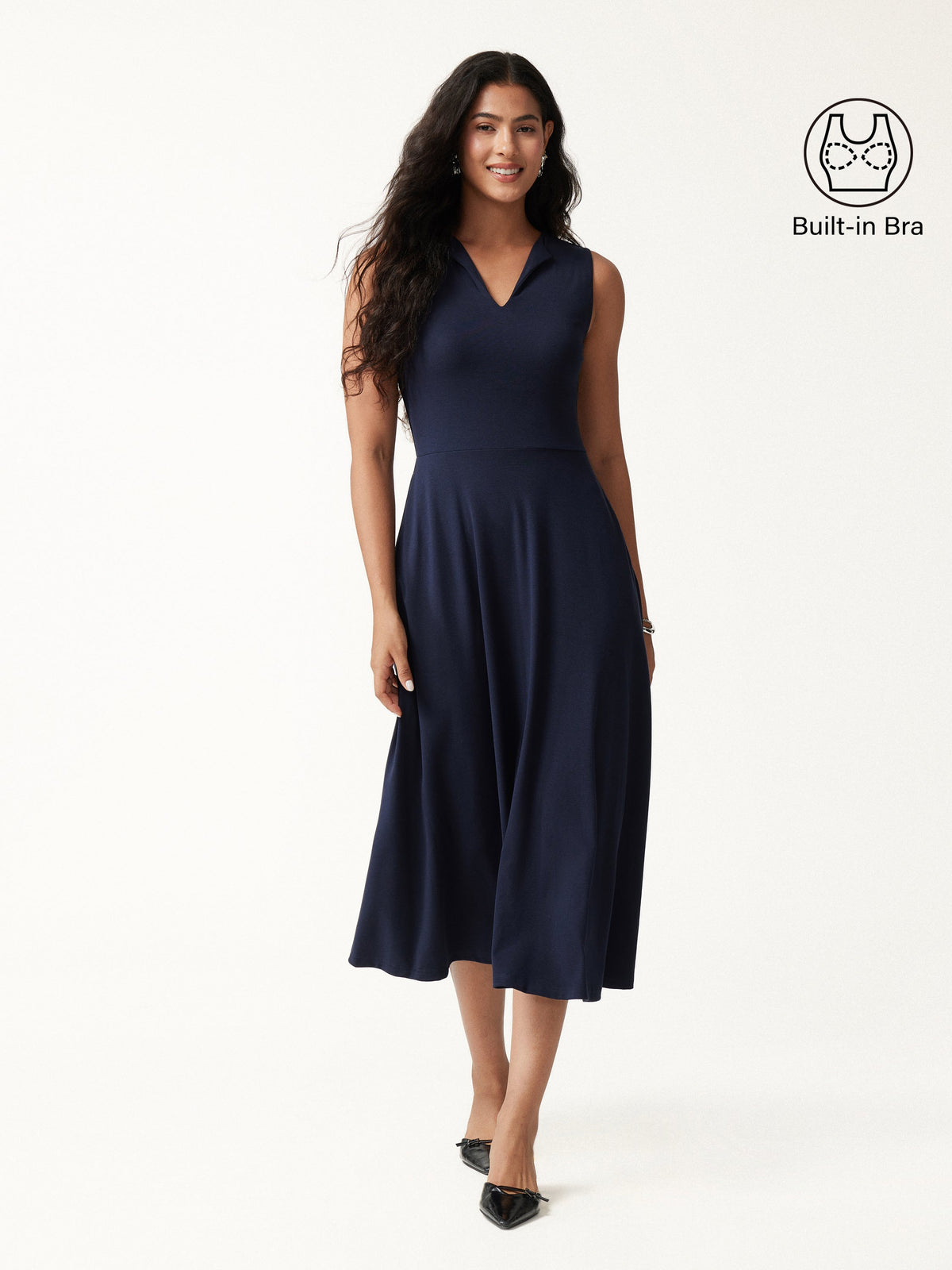 Vestido midi brami acanalado de cuello en V y línea A
