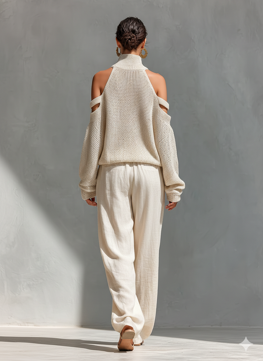 Pantalón ancho beige de lino con bolsillos