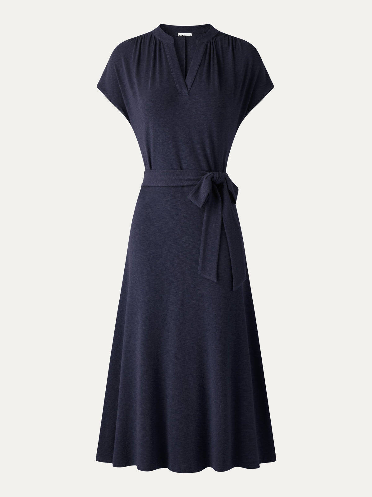 Vestido midi de cuello en V con manga corta y cinturón