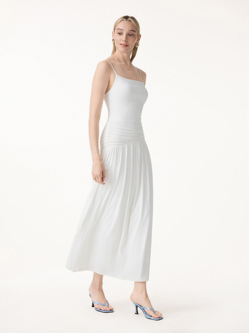 Vestido brami maxi fruncido de tirantes finos, no transparente