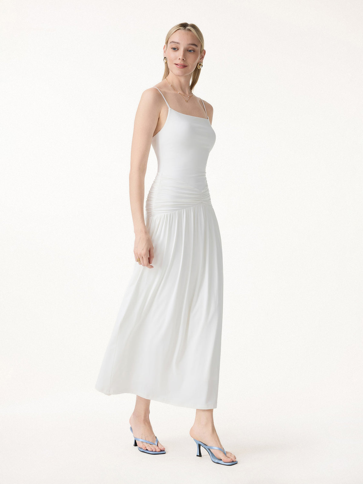 Vestido brami maxi fruncido de tirantes finos, no transparente