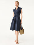Vestido midi de viscosa y lino con cuello en V y cordón