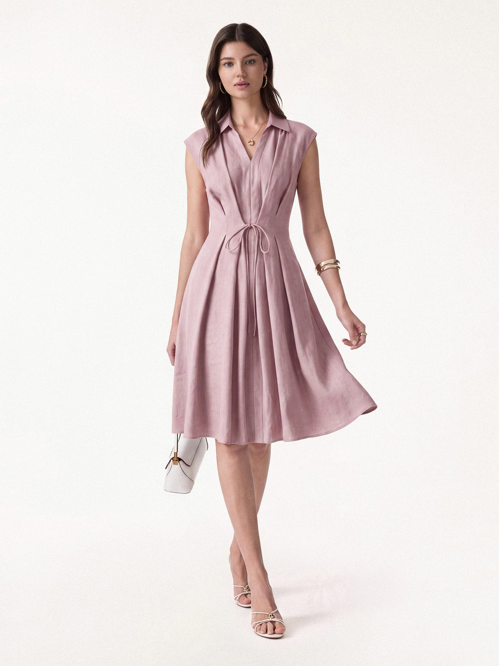 Vestido midi de cuello en V con cordón ajustable en la cintura