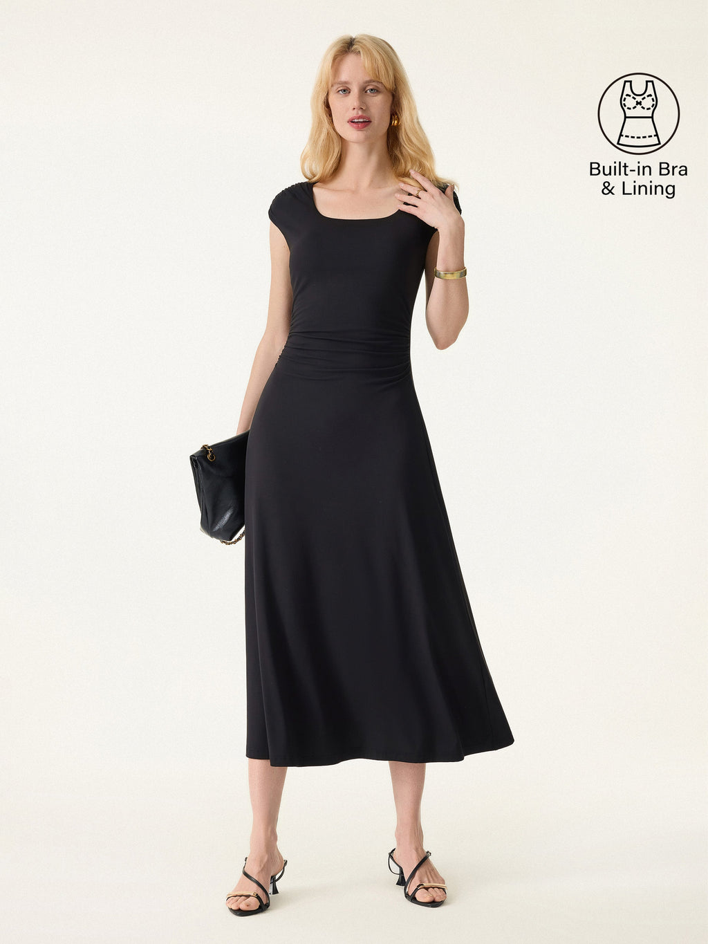 Vestido brami midi de cuello cuadrado fruncido con mangas casquillo