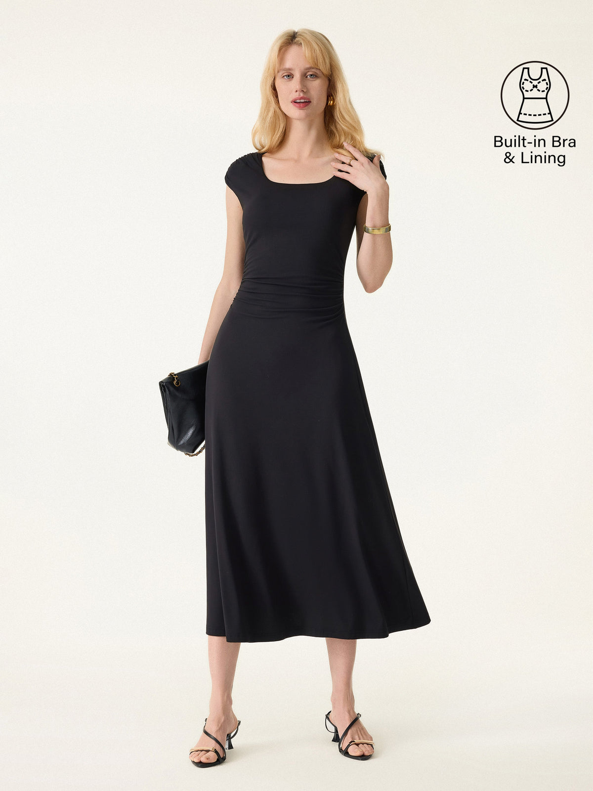 Vestido brami midi de cuello cuadrado fruncido con mangas casquillo