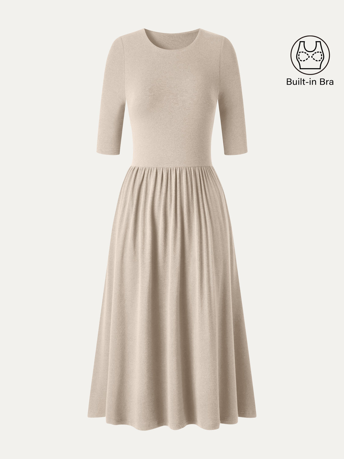 Vestido brami midi evasé de cuello redondo con mangas a los codos y bolsillos