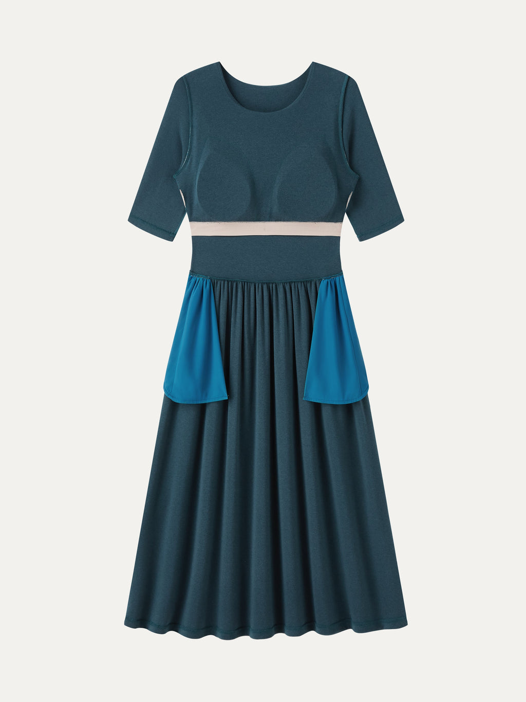 Vestido brami midi evasé de cuello redondo con mangas a los codos y bolsillos