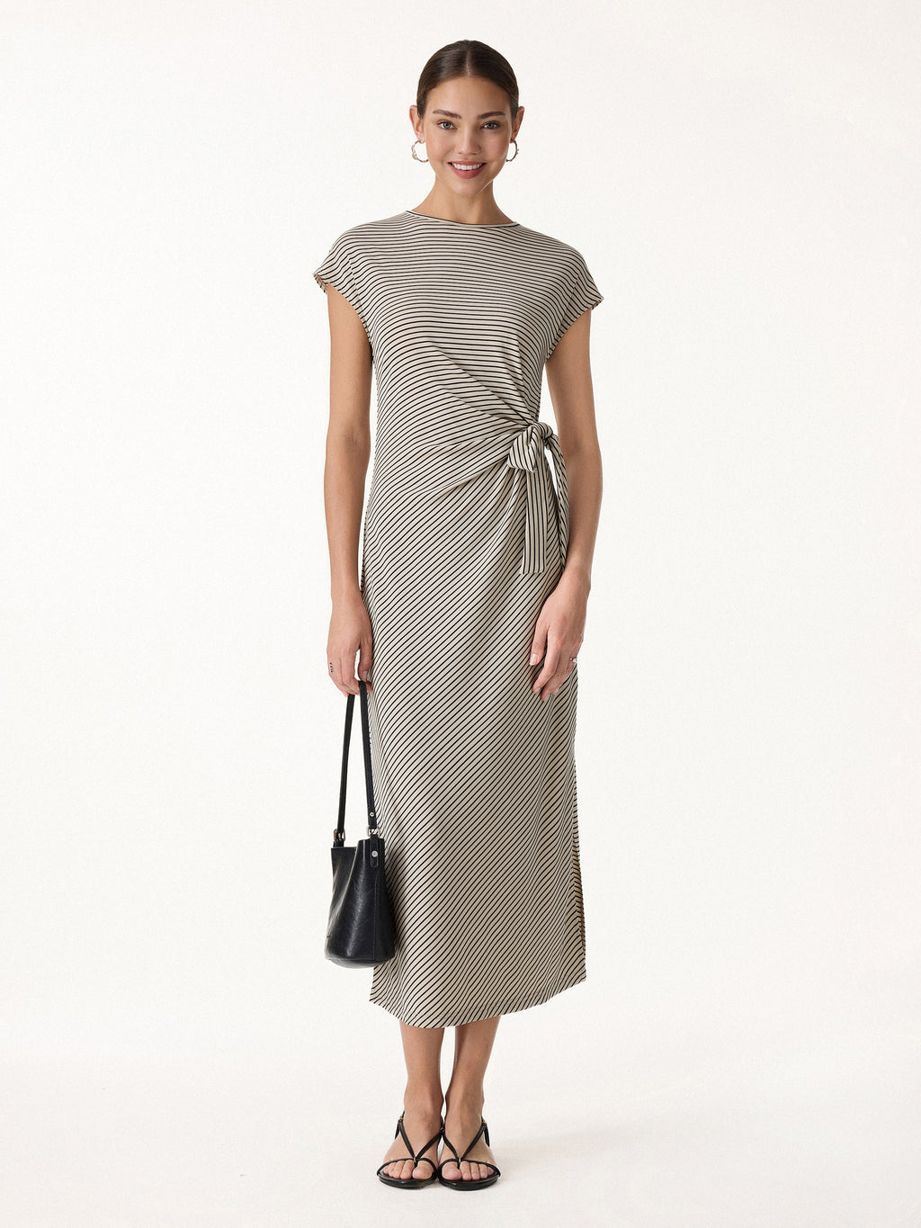 Vestido midi de rayas relajado con lazo ajustable